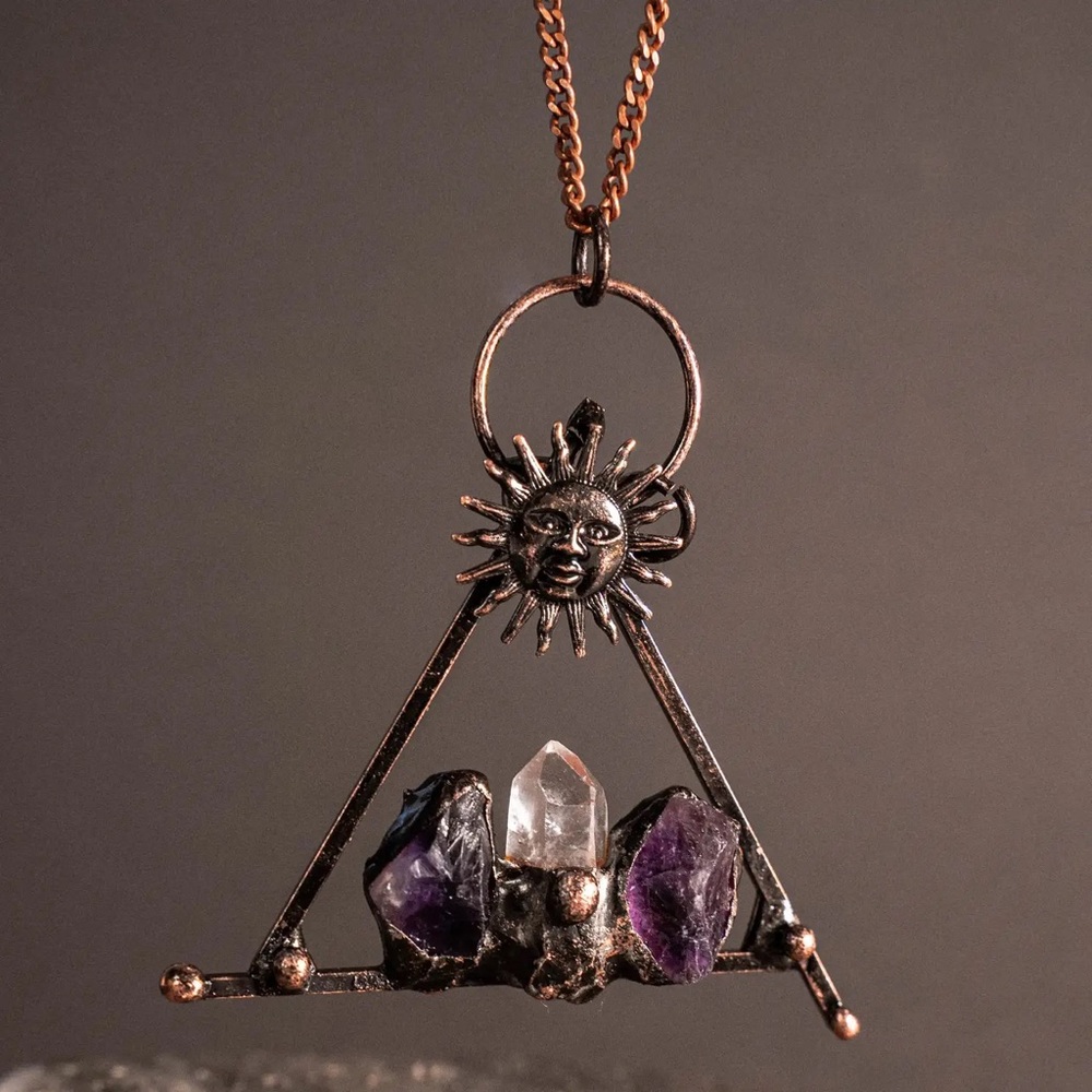 Bronze Solar Necklace with Quartz and Amethyst